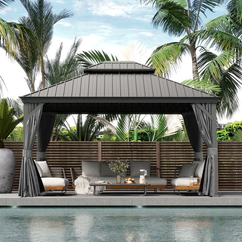 14 Ft. W x 12 Ft. D Galvanized Steel Patio Gazebo with Double Roof, Gray