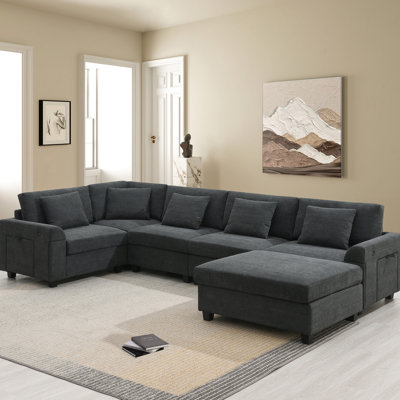 U en forme de U avec 6 sièges, revêtement en chenille, rangement caché et porte-gobelets pour les compartiments modulaires d'accoudoirs, les supports, les ports de charge et la maison douce