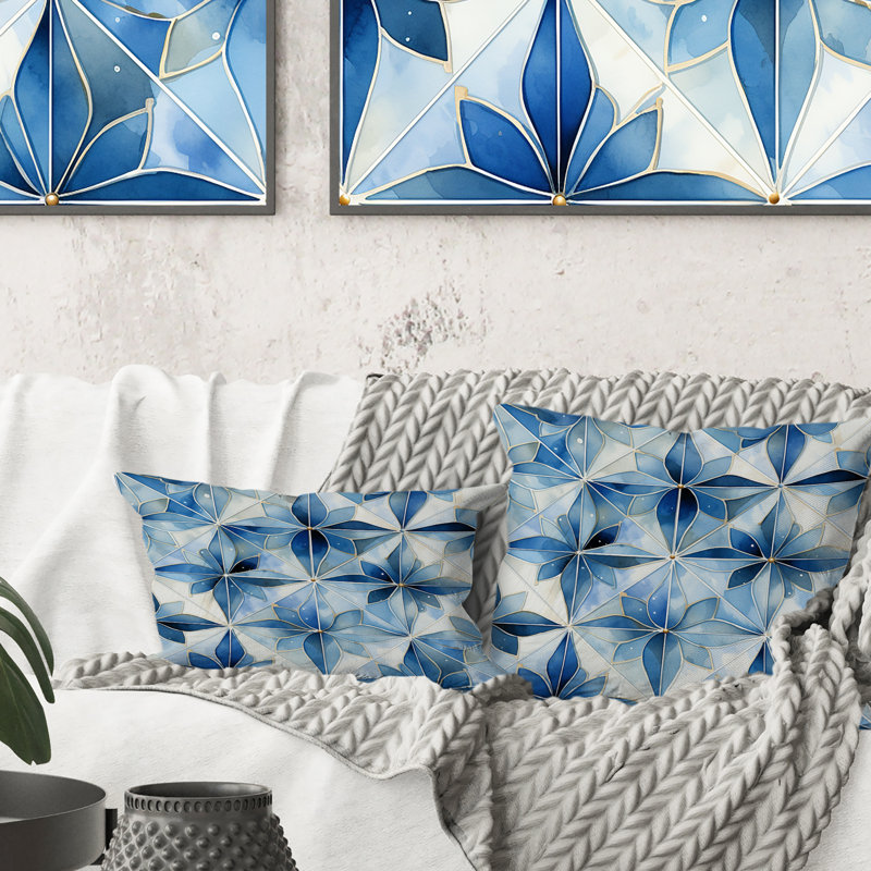 Oreiller en polyester rétro géométrique bleu et blanc mosaïque IV