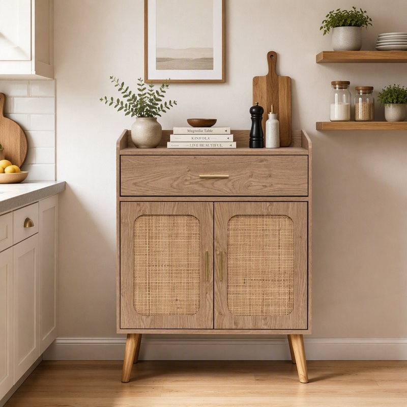 Armoire de rangement Farmhouse avec tiroir et portes, pieds en bois massif, Natural