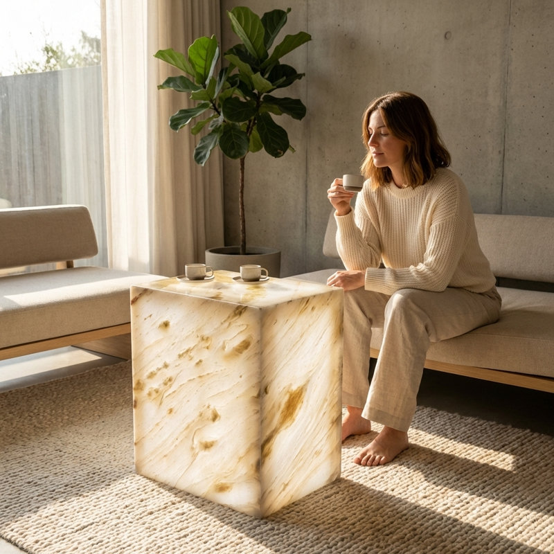 Plutus Brands Signature Natural Marble Side Table - Modern Luxury With Dimmable Led Glow