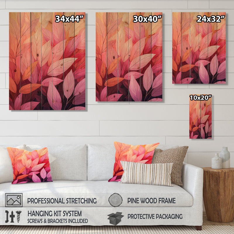 Corail, feuilles, danse de la forêt II - feuilles, art mural sur bois de pin naturel, H 44 po x l 34 po x P 0,78 po