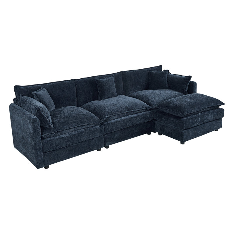 Modern Chenille Loveseat Sofa Couch With Ottoman, Blue Chenille, 33.85" H x 112.2" W x 35.82" D