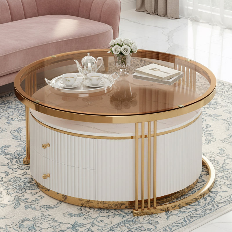 Table basse gigogne 2 pièces avec tiroirs et plateau en verre