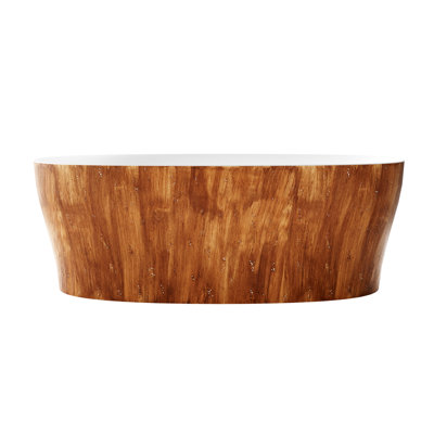 CASAINC 63"x 30" Freestanding Solid Surface Soaking Bathtub with Wood Grain