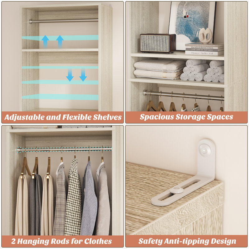 Seward Wood Closet System with Hanging Rods, Washed Oak