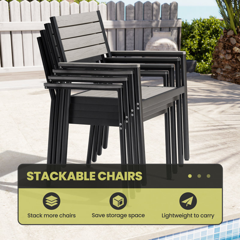Gray Aluminum and Wood Outdoor Dining Armchairs Set