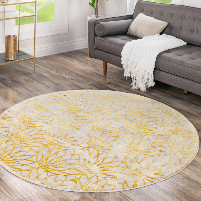 Tapis contemporain de couleur jaune Friederieke, Rond 3 pi 3 po