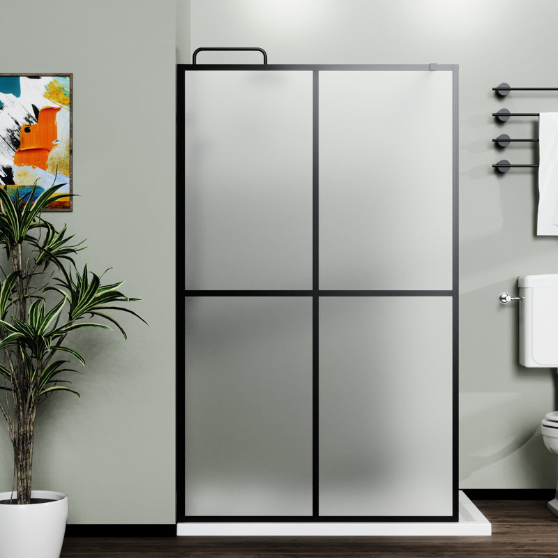 Paroi de douche 34 po x 72 po pour porte en verre trempé givré, structure en aluminium noir