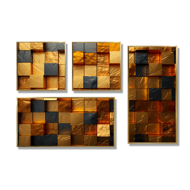 Grunge cubes abstraits géométriques IV - art mural géométrique abstrait grand 4 pièces, Doré