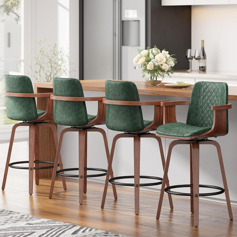 Modern 360° Swivel Bar Stools With Bentwood Armrests – PU Leather Cushioned Seat, High-Density Foam, Metal Footrest, Kitchen & Home Bar Seating