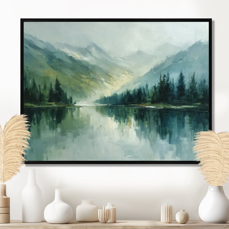 «Green Black Lake Breeze Sunrise Mist», reproduction d'art sur toile, paysage vert, H 24 po x l 32 po, Cadre flottant, Noir