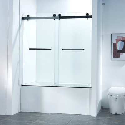 Porte de douche à double cuve coulissante sans cadre l 56 à 60 po x H 60 po, acier inoxydable 304 en noir mat, verre trempé clair de 5/16 po (8 mm) de large épaisseur.