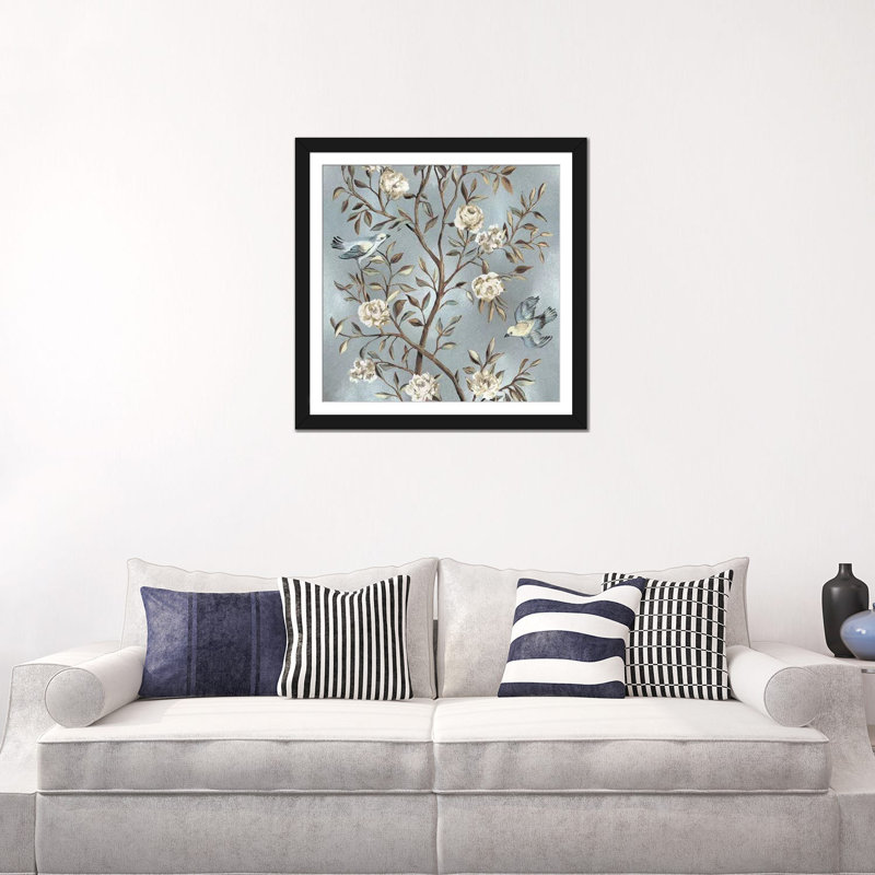 «Chinoiserie in Silver II», reproduction d'art sur toile, Papier d'art encadré noir, Blanc, H 24 po x l 24 po x P 1 po