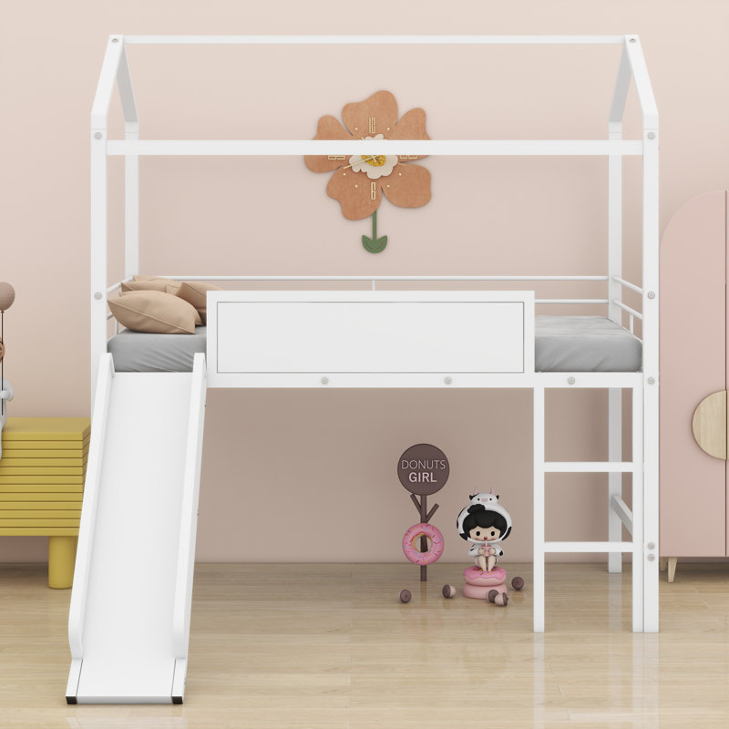 Twin Size Metal House Bed Loft Bed With Two-Sided Writable Wooden Board And Slide, White