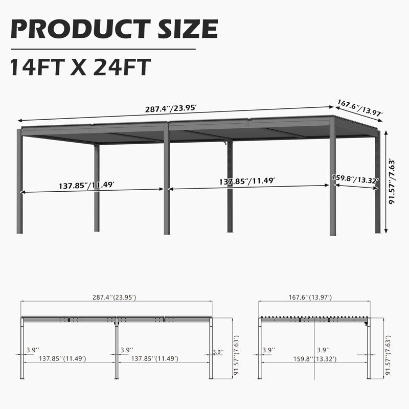Pergola d'extérieur en métal avec toit réglable et système de drainage Domi, Gris, 91.57" H x 287.4" W x 167.6" D