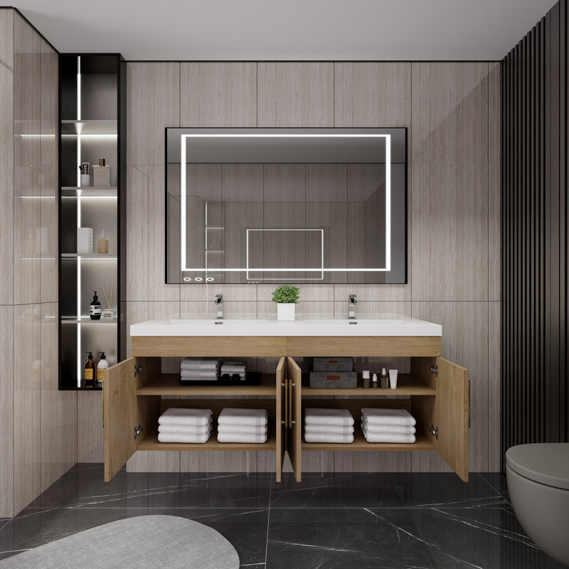 Romer 59''Wall-Mounted Double Bathroom Vanity Set, White Oak