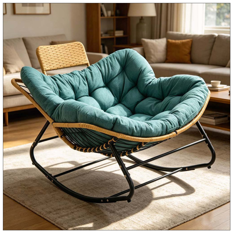 Chaise berçante surdimensionnée Papasan avec coussin épais et coussin en rotin, Vert