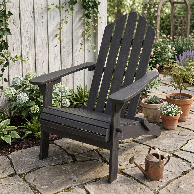 Chaise Adirondack pliable en bois d'acacia avec siège à lattes, accoudoirs droits et dossier incliné pour terrasse, DARK GREY