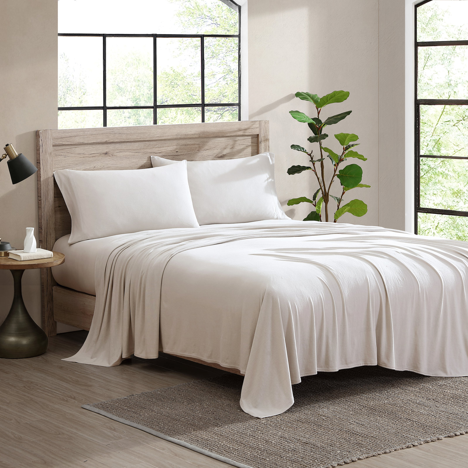 Cotton Blend Jersey Knit Sheet Set, Queen,  Egret