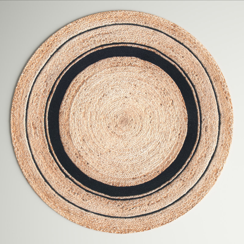 Round Paola Geometric Handwoven Jute Black/Natural Area Rug, Round 8'