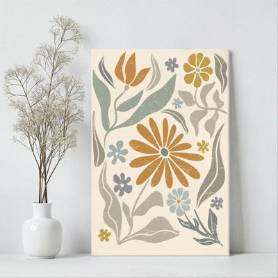 1Pc Framed Canvas Poster Print Floral Pattern, Abstract Plant Elements, Vintage Hand-Drawn Style Wall Art Decor, Perfect for Room Decor Living Room Bedroom Office Kitchen Bathroom Home Decor, Ideal Home Wall Decoration Gift, 2D Flat