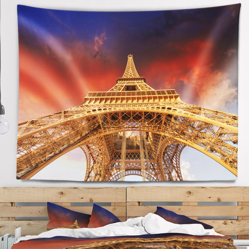 Tapisserie bleu ciel avec accessoires suspendus en polyester cityscape belle vue de la tour eiffel, H 78 po x l 92 po