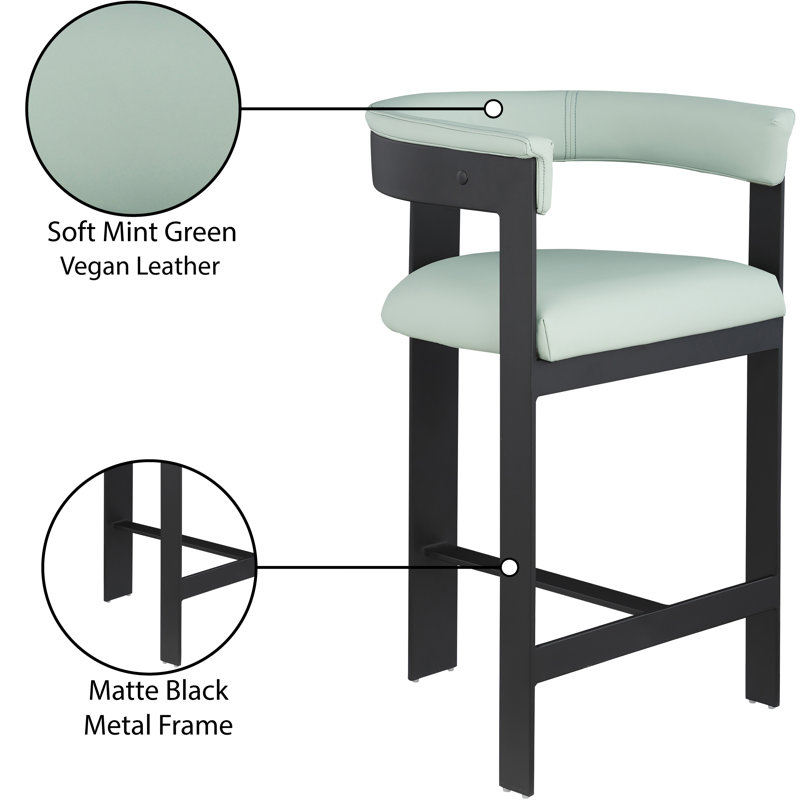 Romeo Hermi Vegan Leather Counter Stool, Mint Green Vegan Leather, Matte Black Powder Coating
