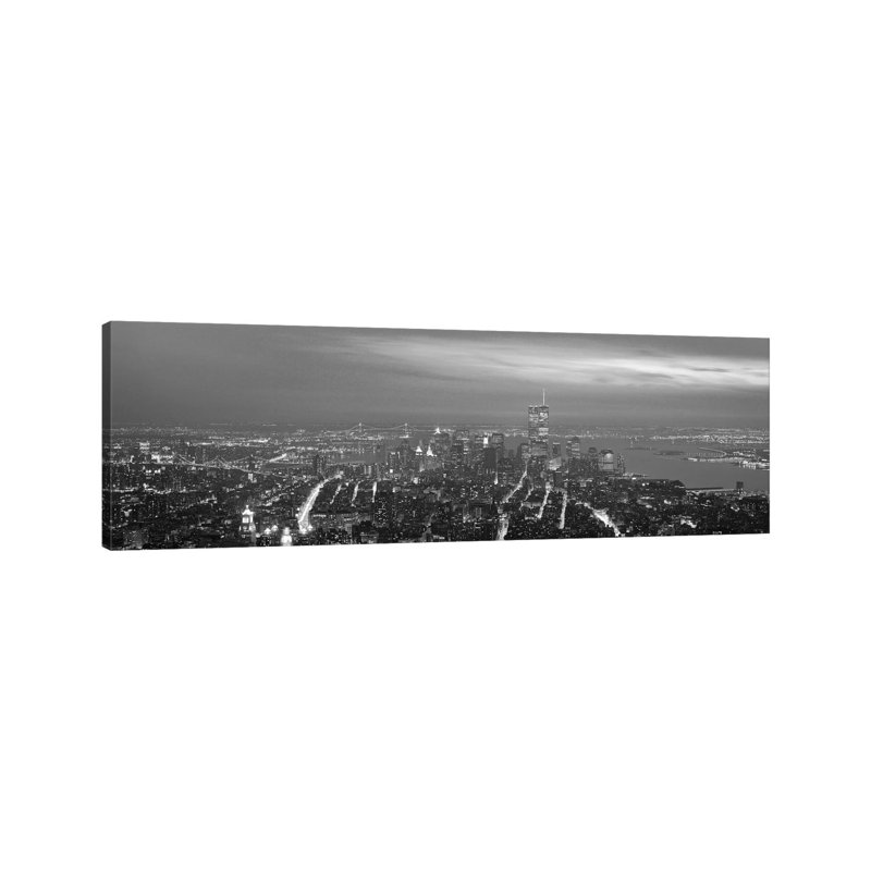 New York Panoramic Skyline Cityscape (Black & White - Night) by Unknown Artist - Wrapped Canvas Panoramic Print