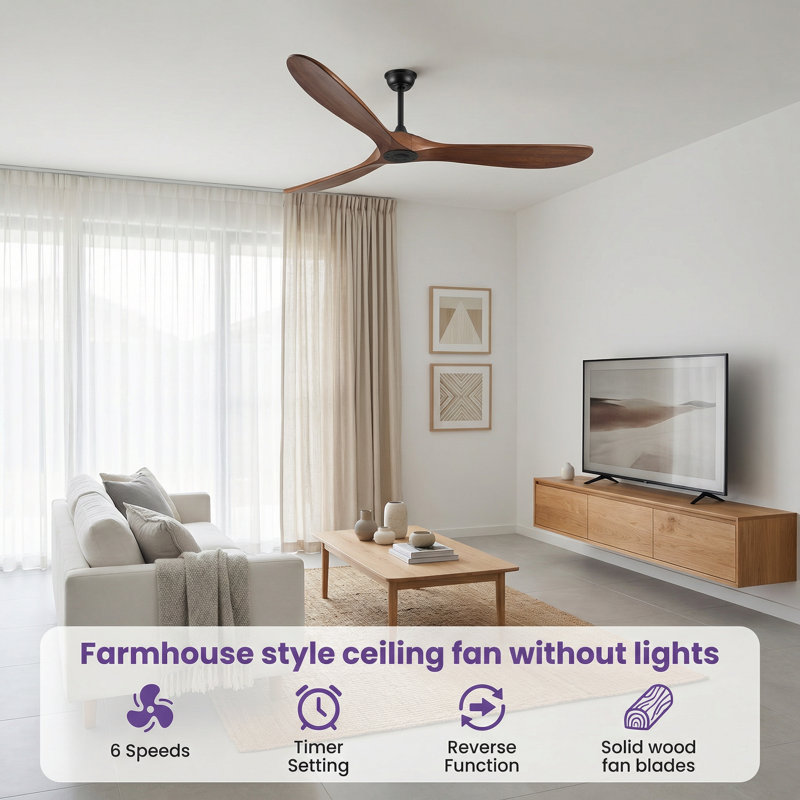 3-Blade Solid Walnut Wood Ceiling Fan No Light, Quiet Reversible DC Motor with Remote Control, 70" Wide