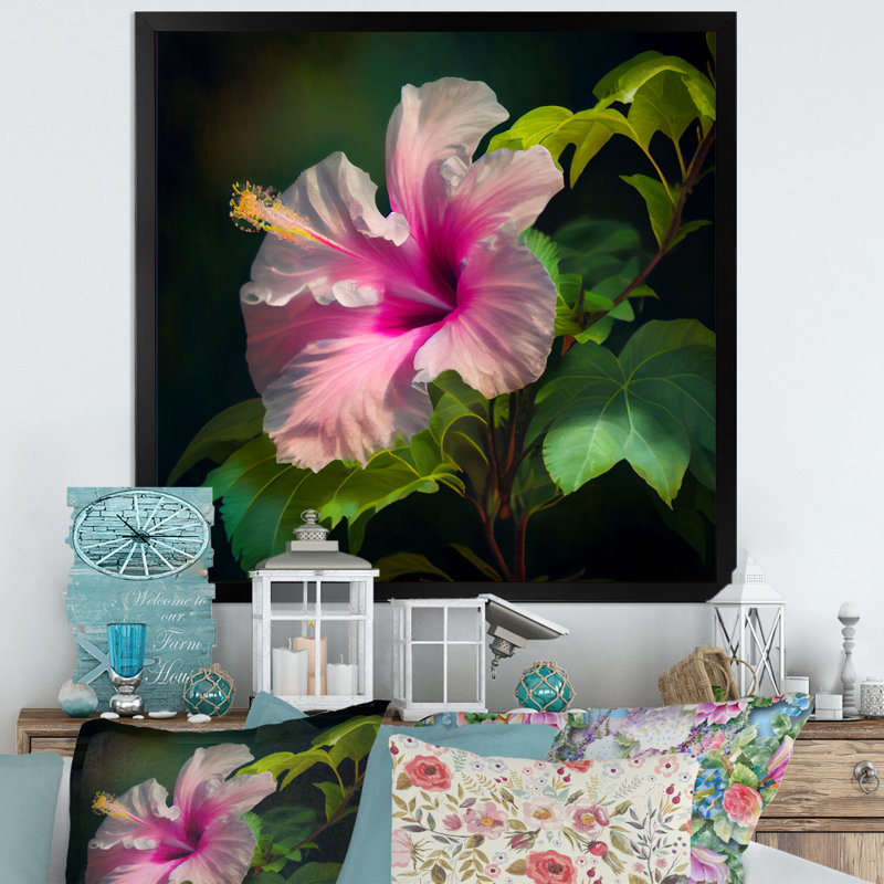Blooming - Hibiscus rose et blanc III - impression, Cadre flottant noir, H 16 po x l 16 po x P 1 po