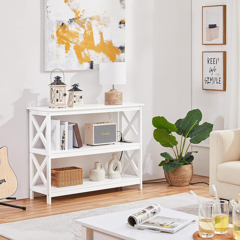 Console d'entrée avec prises, USB et tablettes de rangement - Blanc