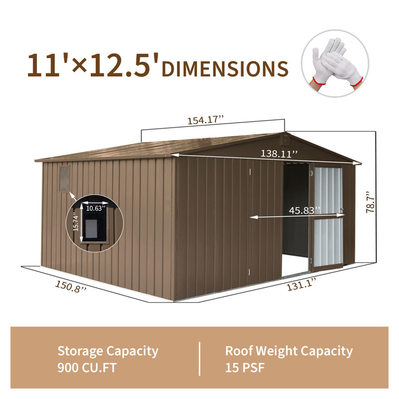 Grande remise de rangement en métal 11 pi x 12,5 pi avec fenêtres et structure en acier galvanisé - Buanderie extérieure durable pour outils, vélos et équipement (brun)