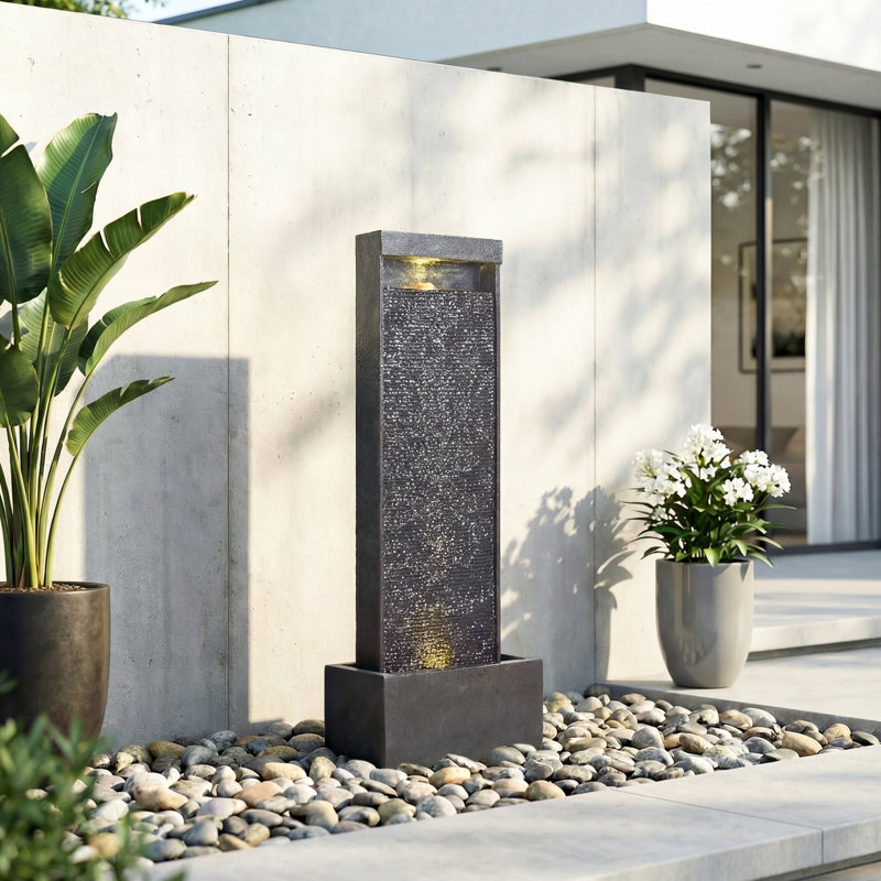 Outdoor Floor - Standing Waterfall Fountain With LED Light, Modern Rock - Textured Water Feature For Garden, Patio & Yard Decor