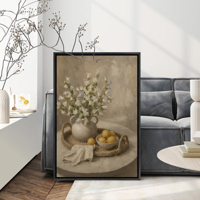 White Floral Still Life with Lemons Framed Print Wall Art