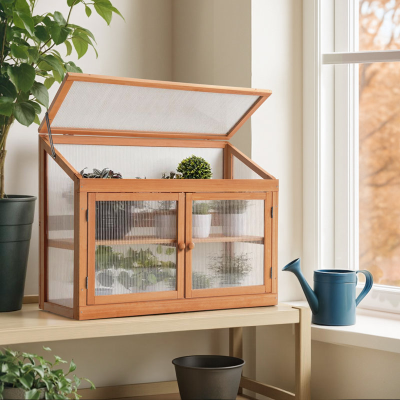 35.4" W x 14.6" D 2-Tier Wooden Cold Frame Garden Greenhouse, Medium Yellow