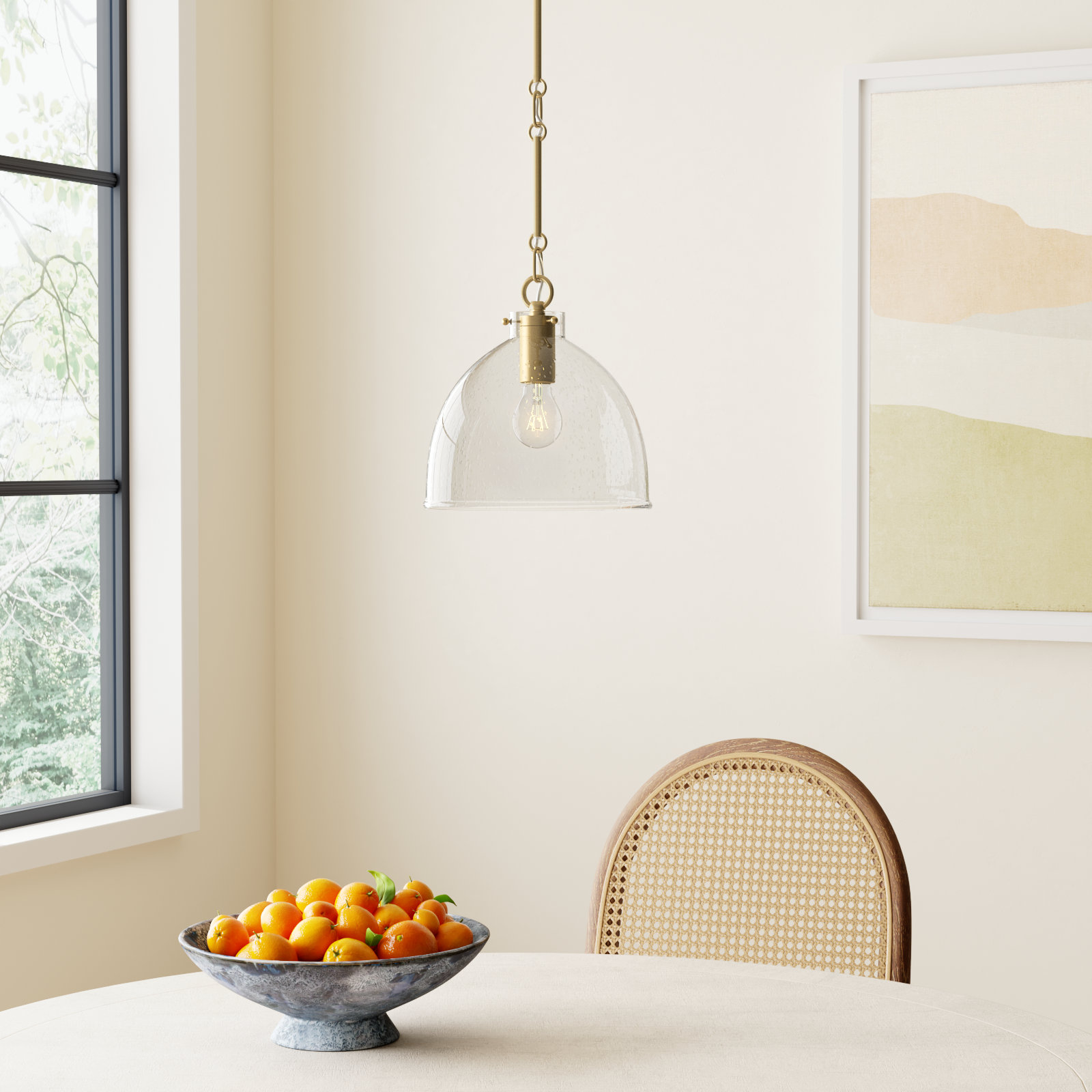Dimmable Seeded Glass Single Light Pendant, Brass
