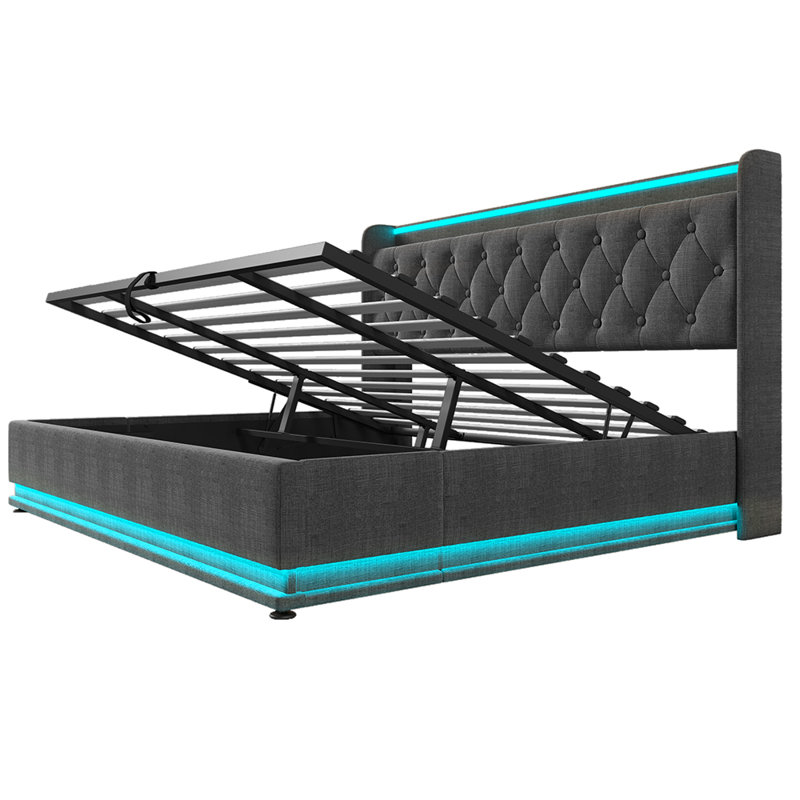 Classic Style King Size Linen Upholstered Bed Frame With Underbed Storage And Remote Control, King