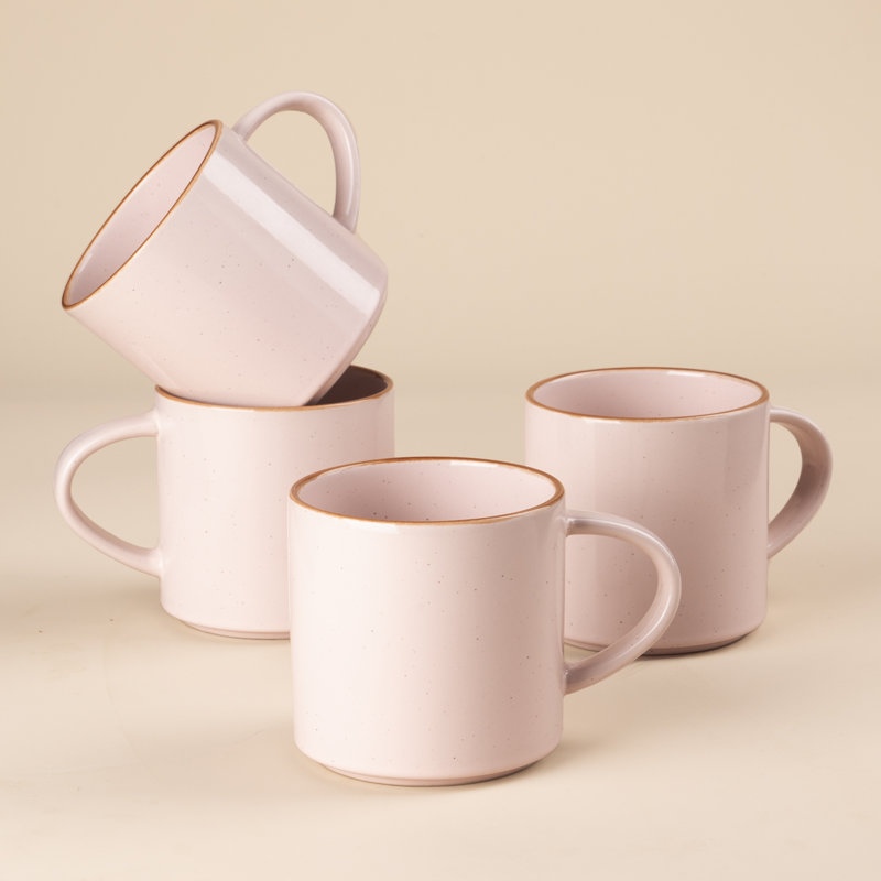  Nebula 4-Piece Stoneware Mug Set, Light Pink with Brown Rim