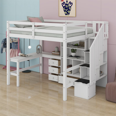 Lit mezzanine avec bureau en L et tiroirs, armoire et escalier de rangement