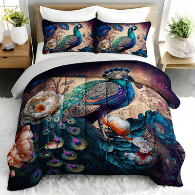 Luxurious Peacock Comforter Set, Elegant Bedding Set with 2 Pillow Cases, Soft and Machine Washable Bedding, All Seasons Comforter for Room Decor