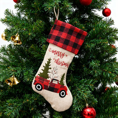 4PCS Burlap Christmas Stockings Xmas Fireplace Hanging Stockings,Truck Christmas Buffalo Plaid Stocking Classic Stocking For Family Xmas Decoration Holiday Season Party Decor