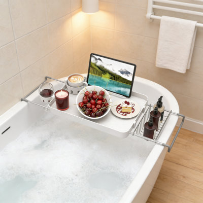 Plateau de baignoire extensible avec porte-gobelet et support pour téléphone | Organisateur de tablette de bain en plastique pour livres, vin, bougies, serviettes et expérience de spa relaxante