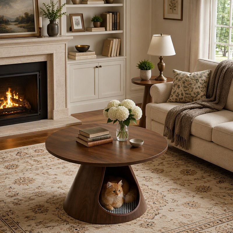 Ensemble de 2 tables basses gigognes, tables d'appoint rondes avec lit-grotte intégré pour chat, table de bout moderne avec plateau en grain de bois de mélamine et base en acier au carbone pour le salon, petit espace