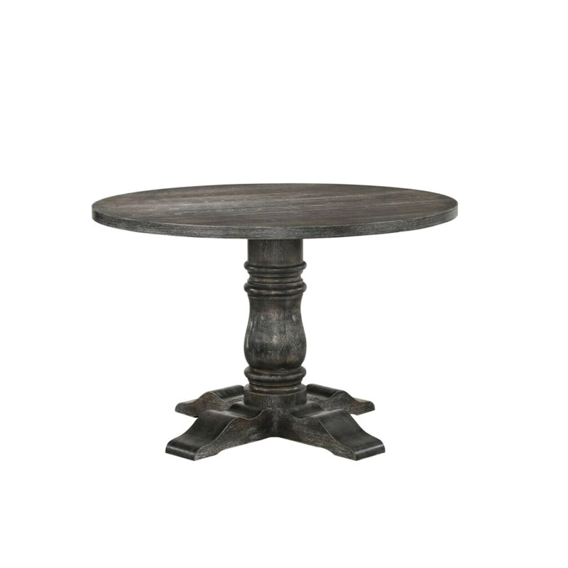Table de salle à manger ronde au fini gris patiné, piédestal simple avec colonne Empire de 14 po, plateau en bois noué fixe en placage de chêne, 47 po x 47 po x 36 po, 99 lb, esthétique complémentaire aux plans, profondeur 47 po, largeur,