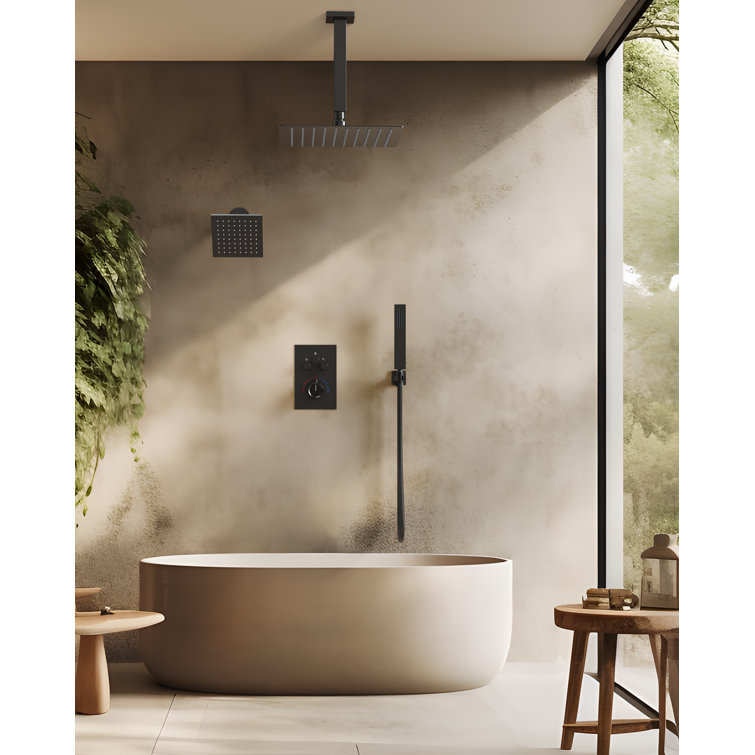 GRANDJOY His and Hers Showers 15-Spray Square High Pressure Multifunction Wall Bar Shower Kit in Matte Black Valve Included