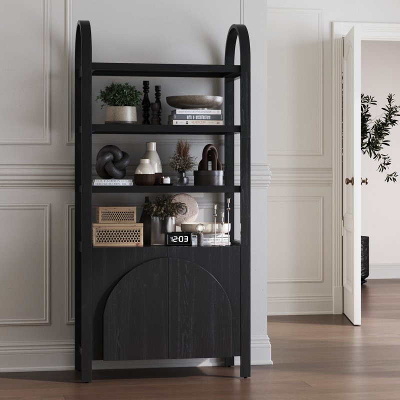 3-Tier Arched Solid Wood Vertical Bookshelf, Black Oak