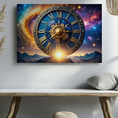 Toile, horloge ornée colossale avec un visage azur profond, art mural orné de chiffres romains dorés chatoyants et d'une toile murale au design complexe