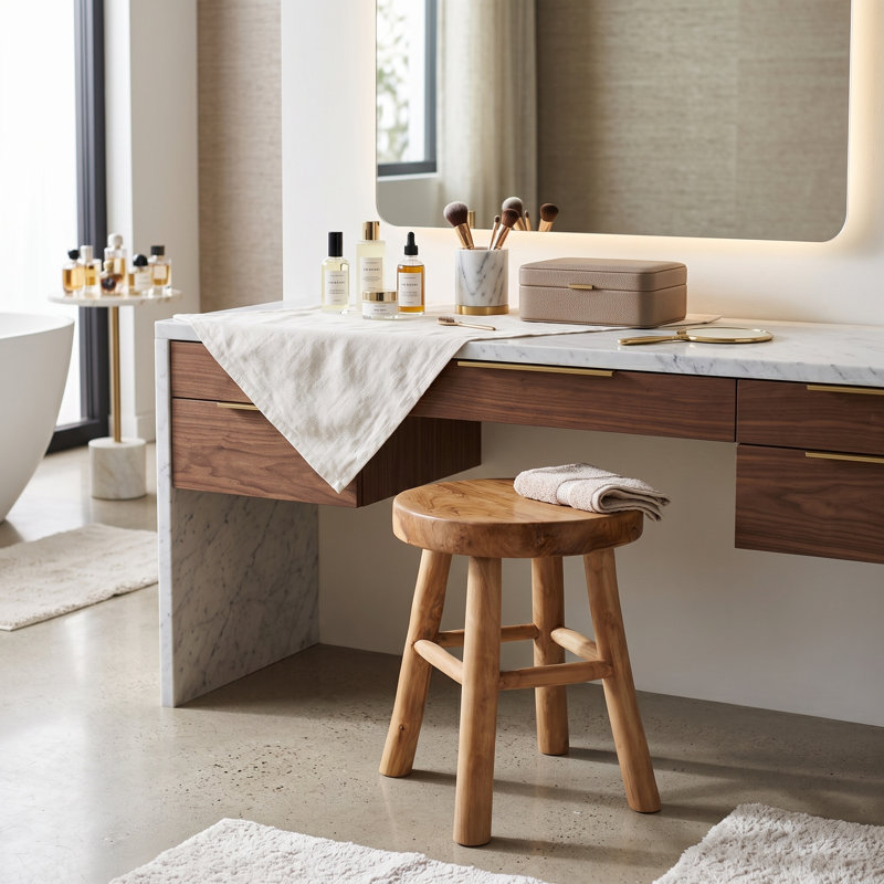 Tabouret rond moderne sans dossier en teck et bois de suar pour salon - Petit meuble d'appoint avec rangement pour les pieds, idéal pour un coin lecture - 45,7 cm, brun et beige