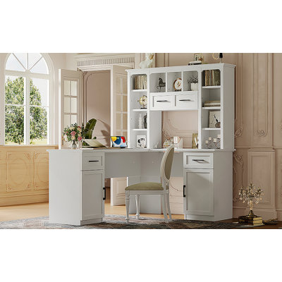L-Shaped Computer Desk with 2 Cabinets and 2 Drawers, 11 Open Shelves and 1 Right Flip Shelf with Storage, with Power Outlet, for Study, Living Room and Office, White
